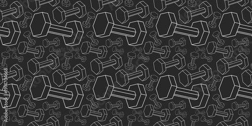 seamless pattern featuring outlined dumbbells on a black background.