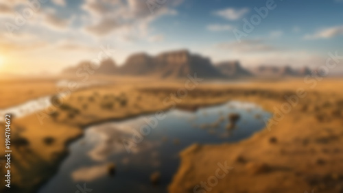 Wallpaper Mural Blurred background of Grand panoramic safari landscape filled with diverse animals, ultra-detailed terrain textures with river reflection and mountain depth, vast savannah under glowing sky, sunrise. Torontodigital.ca