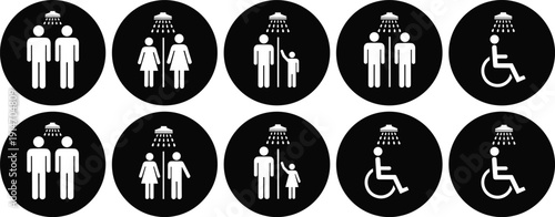 Shower facility icon set, ten circular black pictograms inclusive design male female child wheelchair accessible individual shared co-ed family shower, vector artwork, lifestyle an