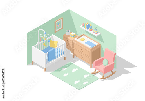 Isometric view of a serene nursery with crib, dresser, rocking chair, and rug in a cozy green room