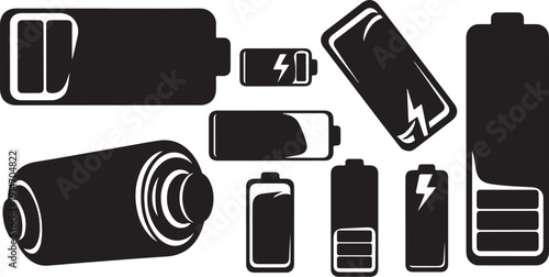 Collection of various battery icons in black and white
