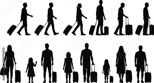 Travel silhouette illustration set, eight black icons people suitcase luggage walking standing family trip airport design, vector artwork, li