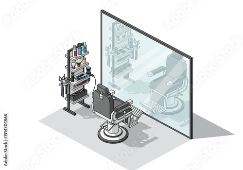 Isometric illustration of machinery and equipment displayed on a large screen with robotic components and industrial machinery