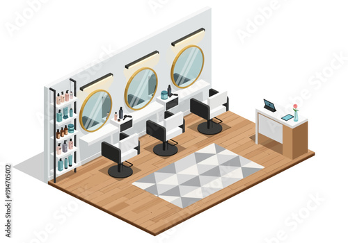 Modern beauty salon interior with stylists working at stations, salon chairs, mirrors, and beauty products on display, viewed from above