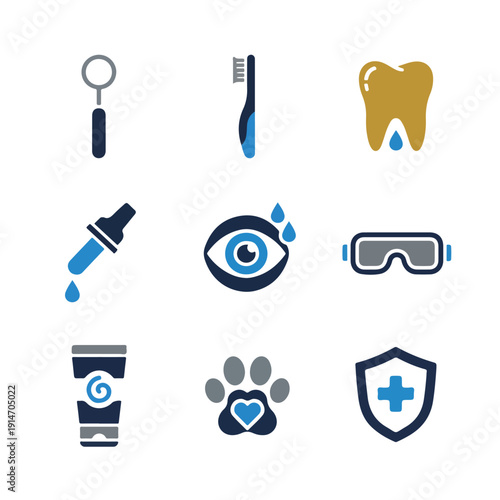 A grid of nine flat design icons representing various aspects of healthcare, including dental, eye care, pet health, and safety.