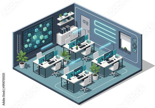 Modern office space with computers and plants viewed from above in an isometric perspective