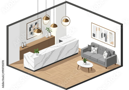A modern 3D illustrated living room scene with furniture and decor viewed from above in a minimalist environment