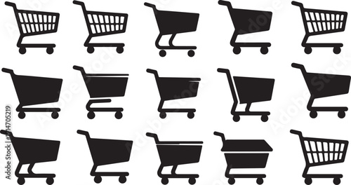 Collection of black shopping cart icons on white background