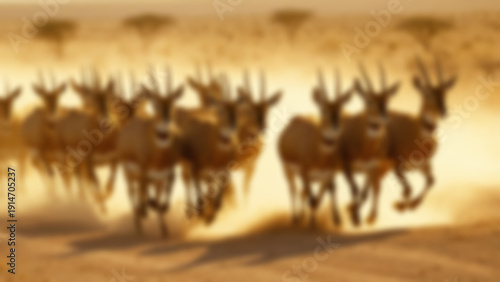 Wallpaper Mural Blurred background of Antelope herd running across dusty dirt path, ultra-detailed fur and visible dust particles suspended mid-air, expansive open safari plains, sunset, dramatic golden backlight. Torontodigital.ca