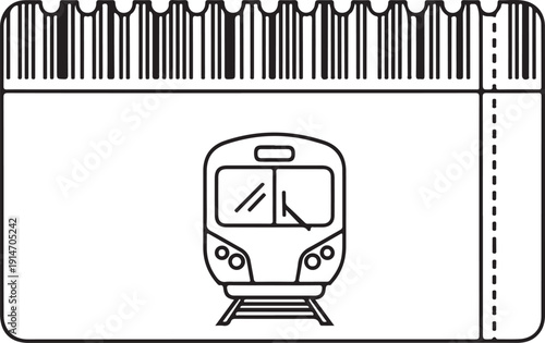 A stylized black and white illustration depicts a train ticket with a barcode and a train image