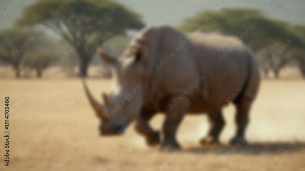 Fototapeta premium Blurred background of Massive rhinoceros walking across dry grassland, hyper-detailed thick skin folds and rugged horn texture with dust particles in air, open safari plains with subtle heat haze.