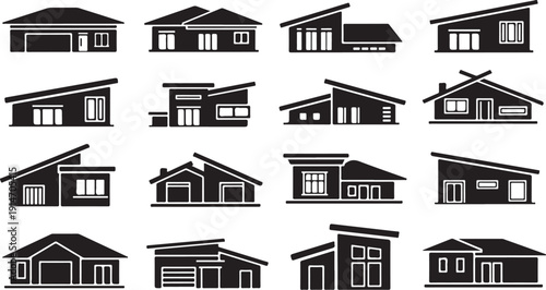 Collection of modern house silhouettes in black and white