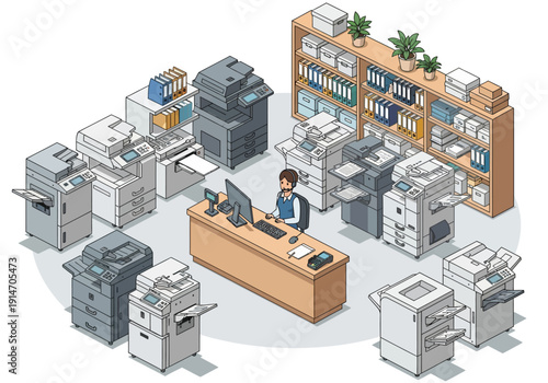 Office scene with a person working at a desk surrounded by various office equipment and storage units viewed from above