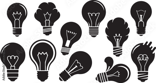 Collection of black light bulb icons on white background
