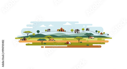 Vector illustration of a vibrant landscape with diverse wildlife and people interacting in a natural setting, promoting World Wildlife Day and conservation concept.
