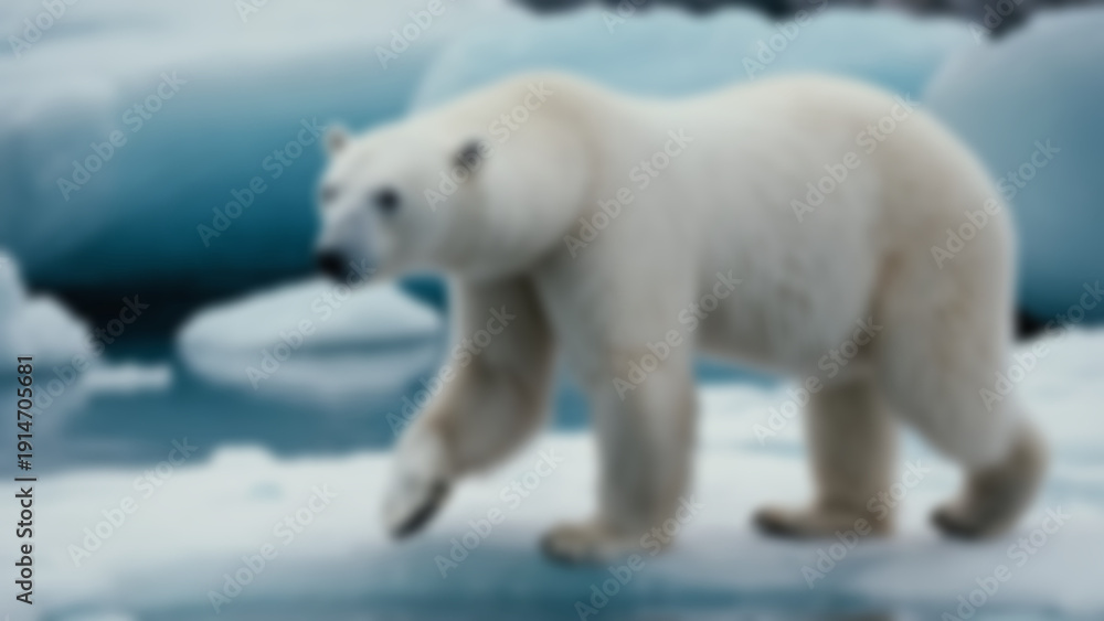 Fototapeta premium Blurred background of Polar bear walking across artificial icy habitat, hyper-detailed white fur reflecting cool blue tones and visible breath vapor, snowy rocks and frozen water pool in background.