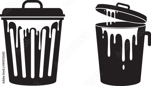 Two black trashcans are depicted one closed and one with its lid open showing dripping contents
