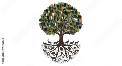 Illustration of a tree with a globe-shaped leafy canopy and roots forming animals, symbolizing Wildlife Conservation Concept on World Wildlife Day.