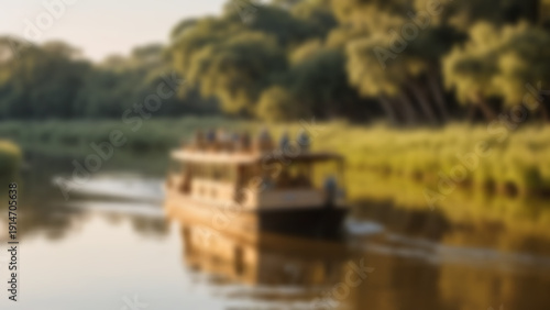 Wallpaper Mural Blurred background of Safari river boat cruising quietly near wildlife, realistic boat texture and passengers observing with cameras, calm river reflecting trees and sky, golden hour, warm ambient. Torontodigital.ca