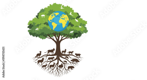 Illustration of a tree with roots and various animals, symbolizing World Wildlife Day and conservation efforts, with a globe at its center.