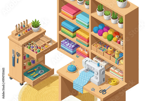 Organized craft room with sewing machine and storage shelves filled with various crafting supplies from a 3D isometric viewpoint