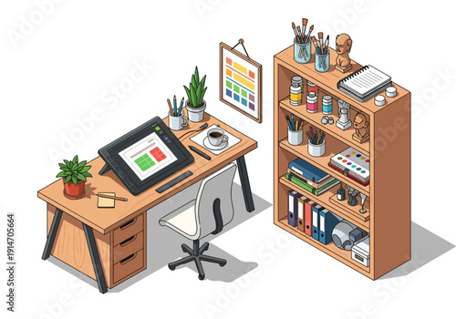 Modern office workspace with desk, chair, bookshelf, and office supplies viewed from an isometric perspective