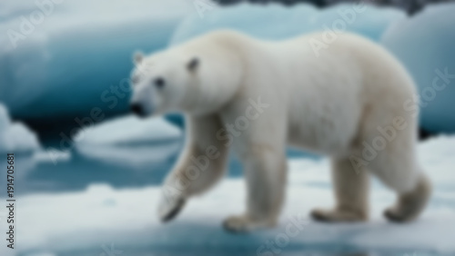 Wallpaper Mural Blurred background of Polar bear walking across artificial icy habitat, hyper-detailed white fur reflecting cool blue tones and visible breath vapor, snowy rocks and frozen water pool in background. Torontodigital.ca