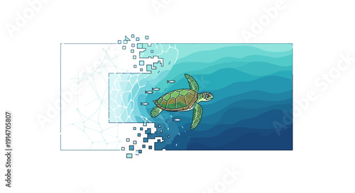 Vector illustration of a sea turtle swimming in the ocean with a globe and decorative elements for World Wildlife Day and conservation concepts.