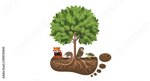 Illustration of a tree with exposed roots and a fox sitting next to it, symbolizing World Wildlife Day and conservation efforts for nature and wildlife protection.