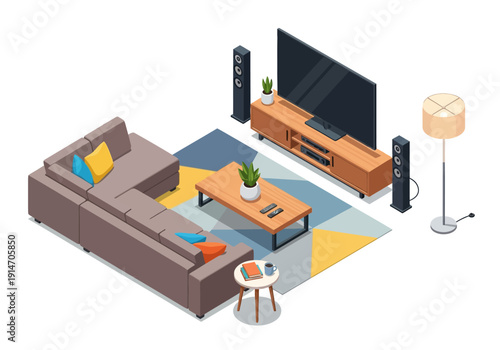 Isometric illustration of a modern living room with furniture and electronics from a top-down viewpoint
