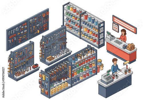 Isometric illustration of a supermarket with shoppers and products on shelves from an overhead viewpoint