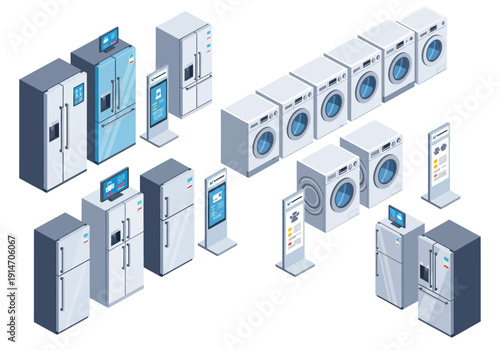Assorted household washing machines and dryers displayed in a grid arrangement from an isometric viewpoint