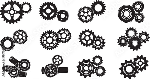 Black and white gears and cogs mechanical illustration set