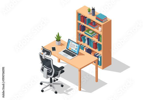 Isometric illustration of a modern office workspace with a laptop, bookshelf, and chair viewed from above