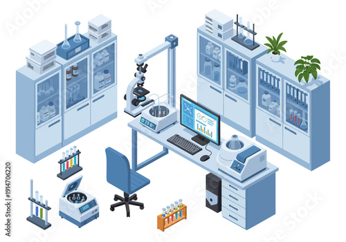 Modern laboratory setting with various scientific equipment and computer workstation in a clean, organized environment viewed from an isometric perspective