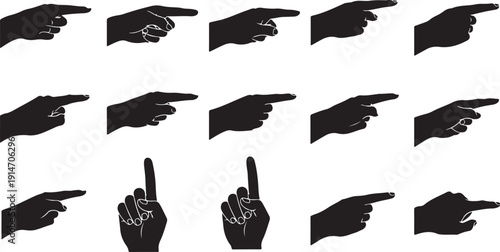 Collection of pointing hand silhouettes in various directions shown