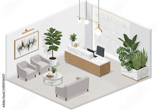Modern office reception area with furniture, plants, and decorative elements viewed from an isometric perspective.