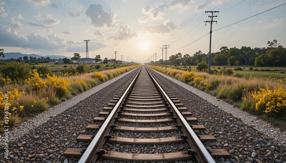 Obraz premium Serene railroad tracks stretch into sunset surrounded by vibrant wildflowers