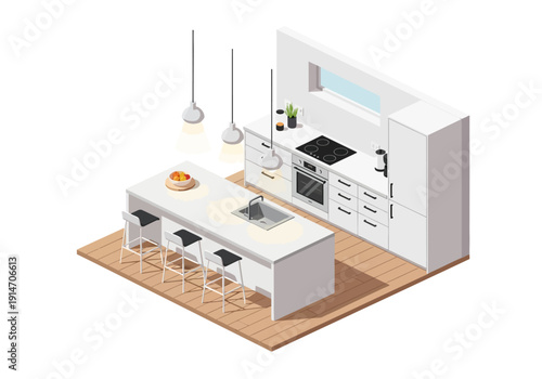 Isometric view of a modern kitchen with island, furniture, appliances, lighting, and utensils on a wooden floor
