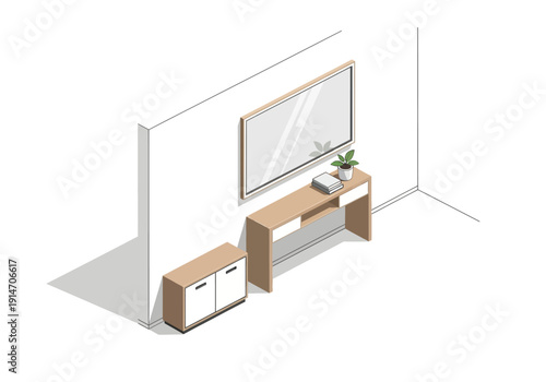 A 3D rendering of a modern room interior with furniture and a mirror on the wall