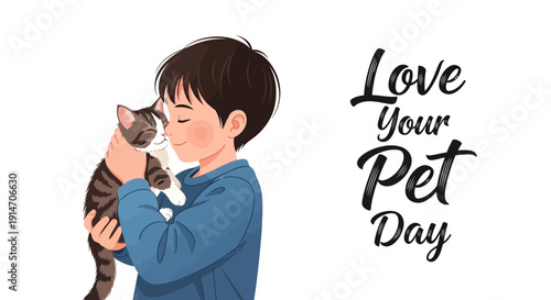 A boy hugging and kissing a cat on Love Your Pet Day in America with his loyal furry companion.