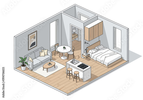 Isometric view of a modern studio apartment with kitchen, living area, and bedroom, showcasing compact living space and minimalist design