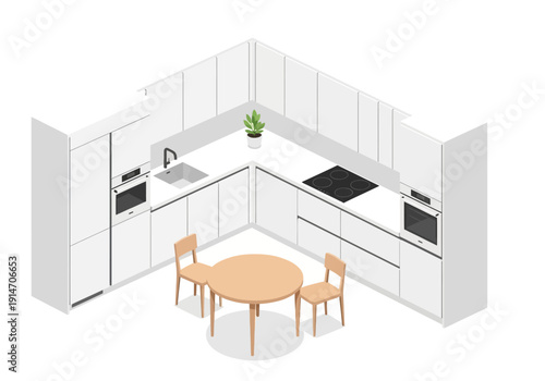 Modern kitchen interior illustration featuring table, chairs, cabinets, appliances, and countertop from an overhead viewpoint