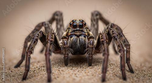Fearless tarantula standing on sandy ground with intense gaze