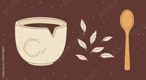 Vector illustration in eco-art style. A ceramic cup with a broken rim, tea stains, scattered leaves, and a wooden spoon on a dark background with barely visible dots. 