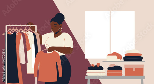 A woman with dark skin and braided hair, a small business owner, sorting clothes