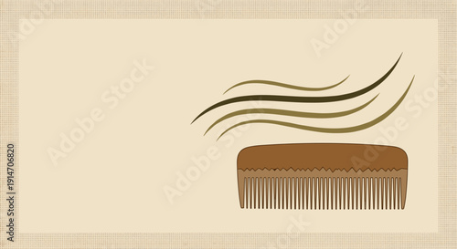 A minimalist vector composition featuring a wooden comb and loose strands of hair, rendered with smooth, curved lines. A linen background with space for text.