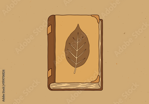 Centered vector composition of a used book with a worn cover. Pressed sheet on the cover. Recycled paper background.