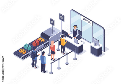 People waiting in line at airport security checkpoint with luggage and staff on duty