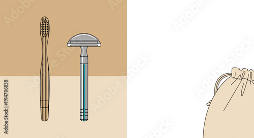 Minimalistic vector layout featuring a bamboo toothbrush and a metal safety razor with a thin handle line. Warm stone background - gradient of two